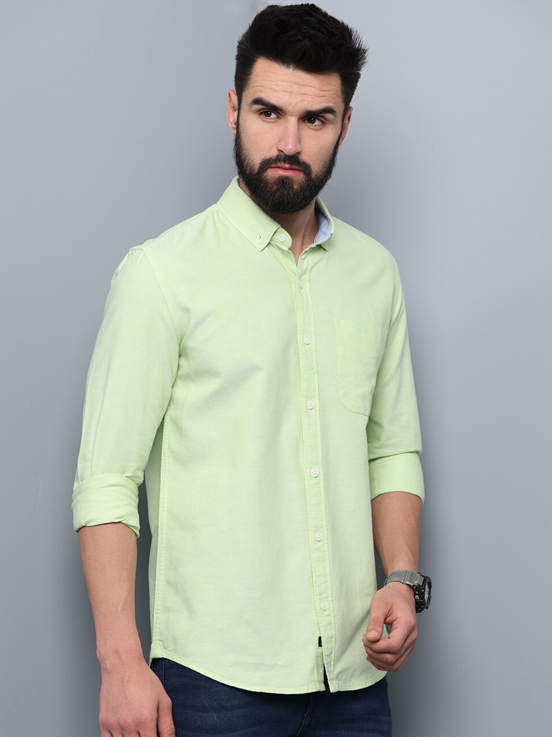 

FOGA Men Solid Cotton Slim Fit Casual Shirt, Green
