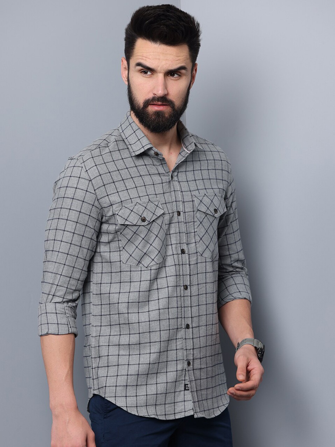 

FOGA Men Standard Slim Fit Checked Pure Cotton Casual Shirt, Grey