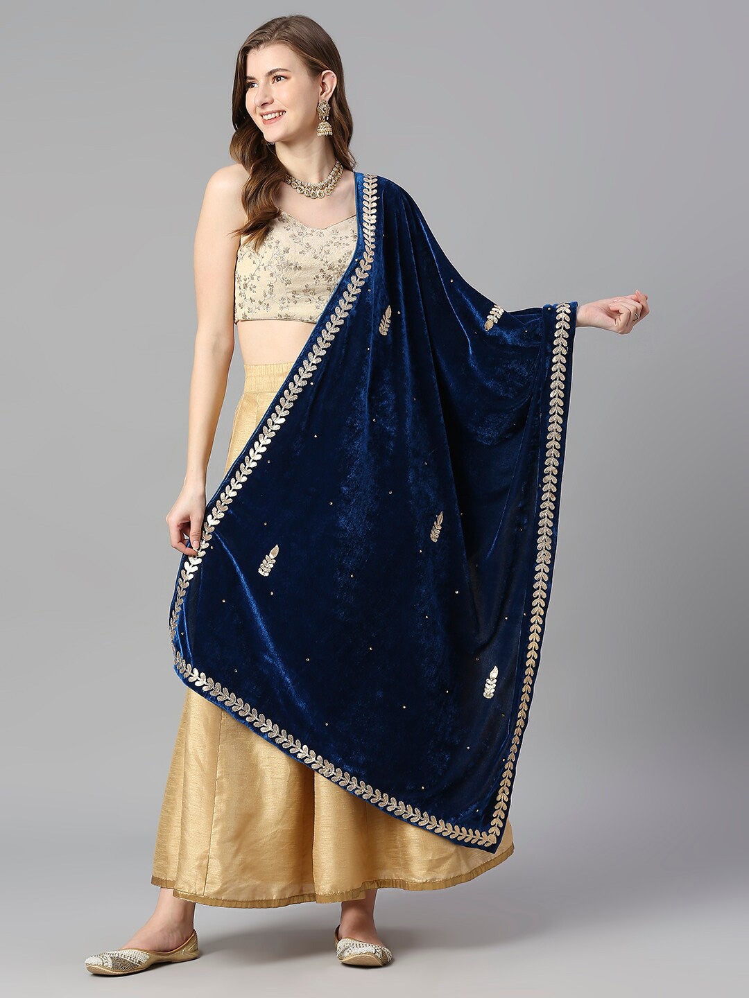 

Dupatta Bazaar Embroidered Velvet Dupatta with Gotta Patti, Blue