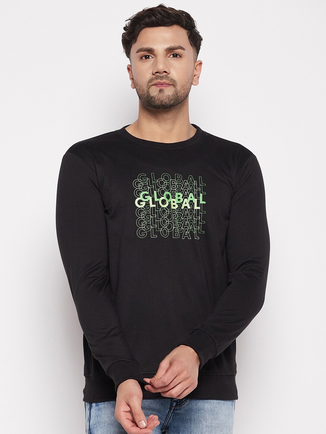 

STROP Men Typography Printed Cotton Sweatshirt, Black