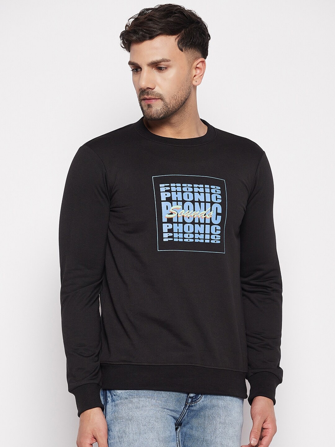 

STROP Men Typography Printed Cotton Sweatshirt, Black