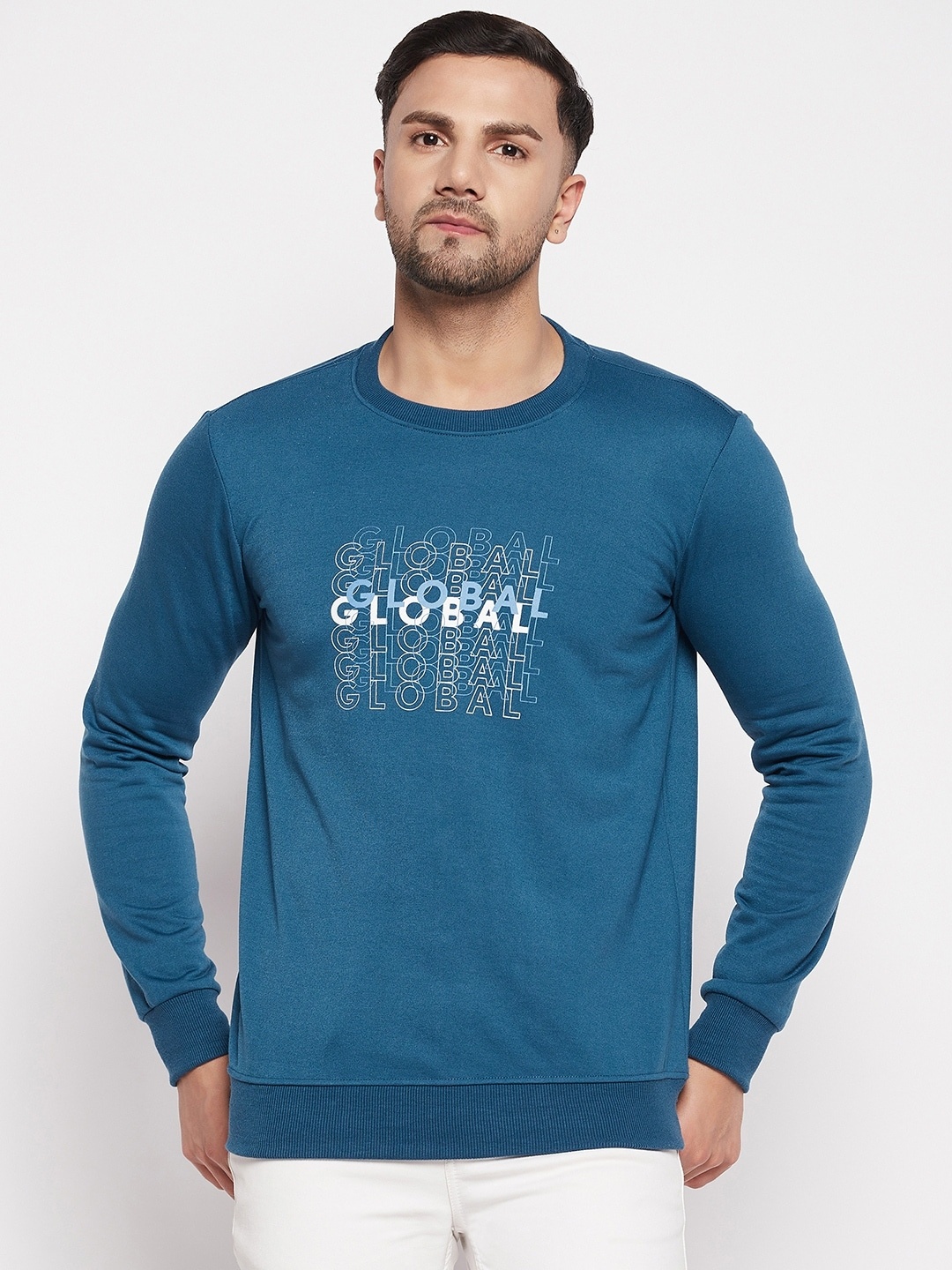 

STROP Men Typography Printed Cotton Sweatshirt, Blue