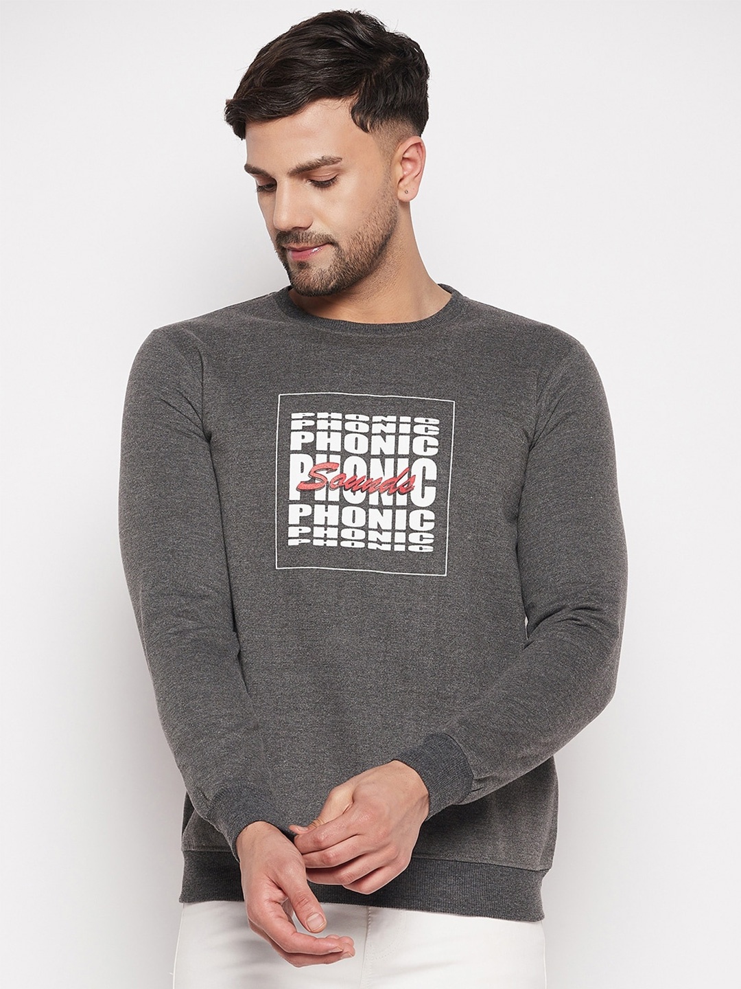 

STROP Men Typography Printed Cotton Sweatshirt, Grey