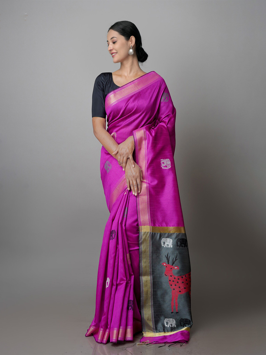 

Unnati Silks Woven Design Zari Silk Blend Bhagalpuri Saree, Pink