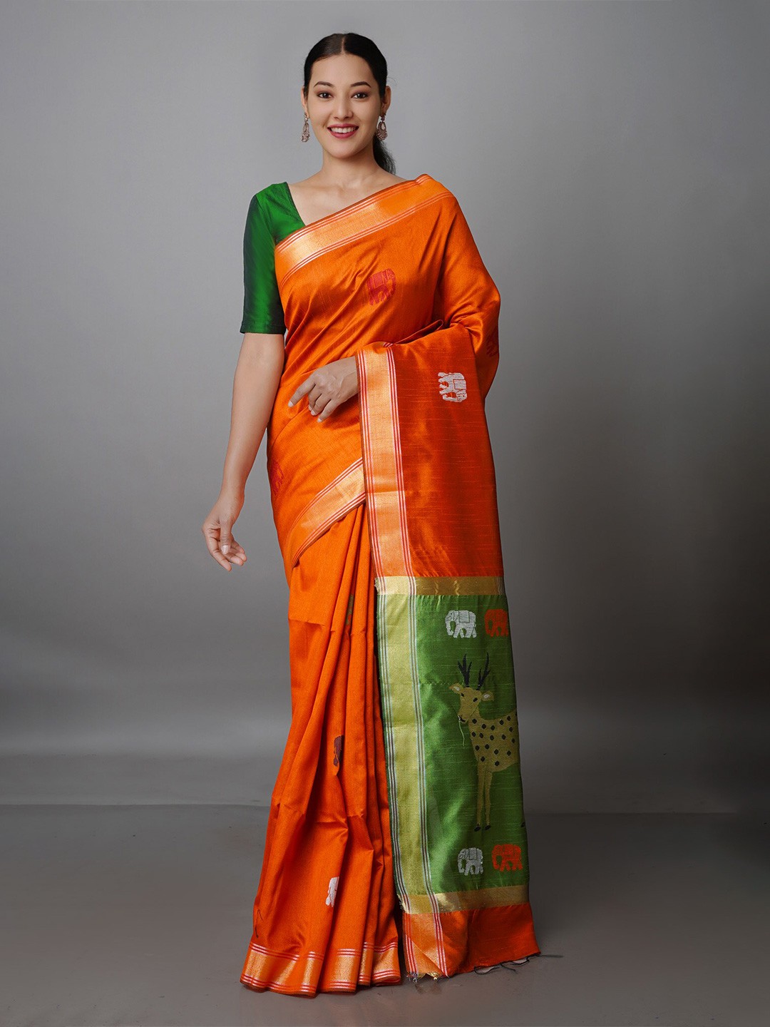 

Unnati Silks Woven Design Zari Silk Blend Bhagalpuri Saree, Orange