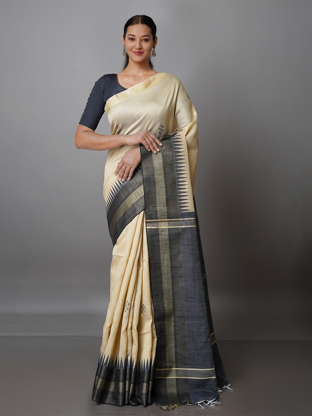 

Unnati Silks Woven Design Zari Silk Blend Bhagalpuri Saree, Cream