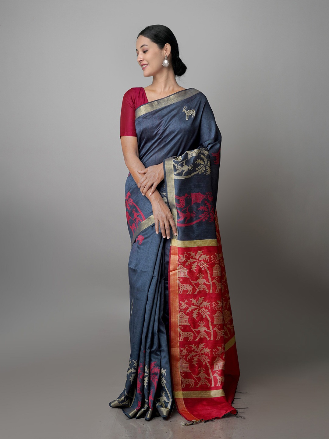 

Unnati Silks Woven Design Zari Silk Blend Bhagalpuri Saree, Grey