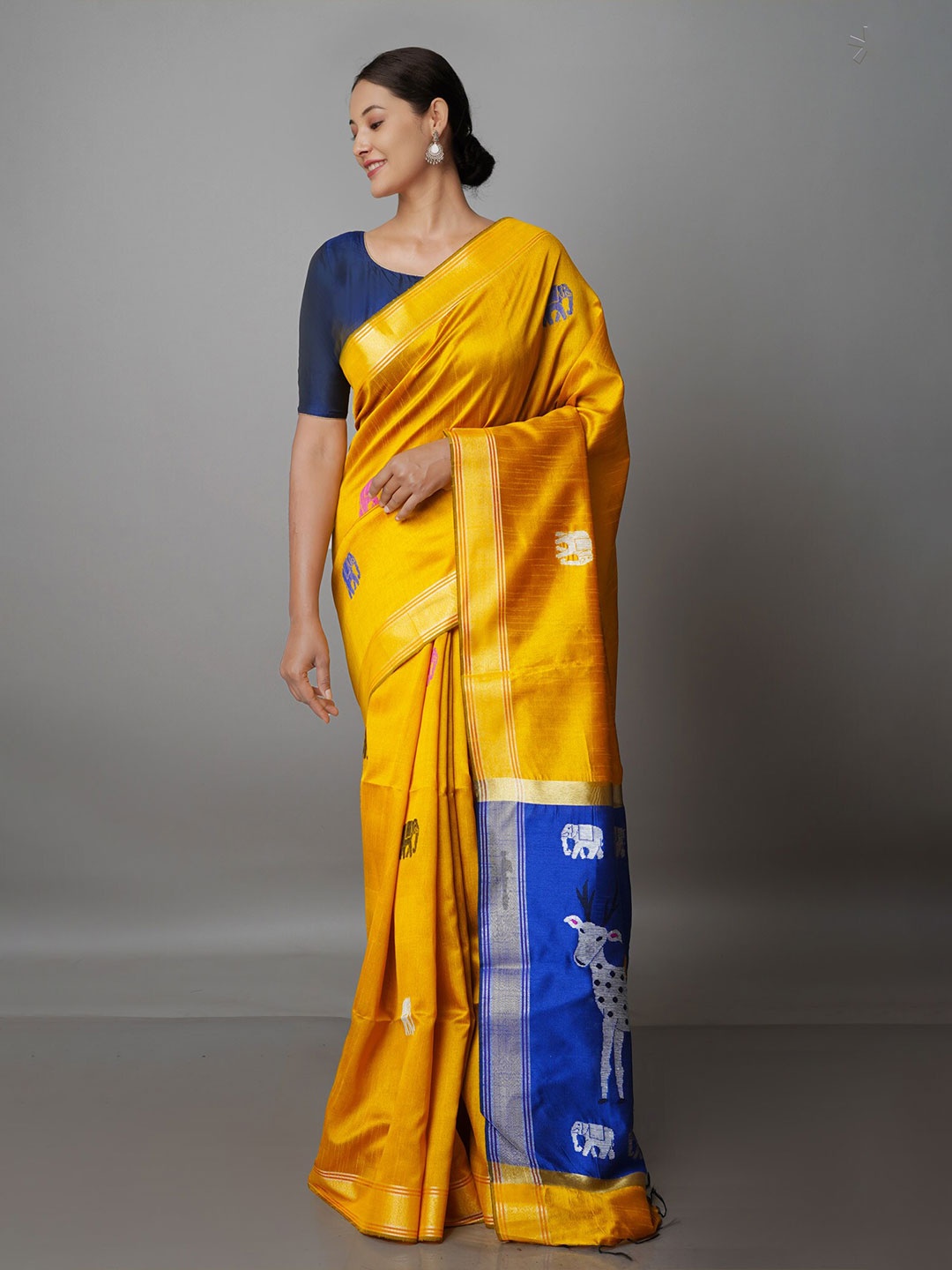 

Unnati Silks Ethnic Motifs Zari Silk Blend Bhagalpuri Saree, Yellow