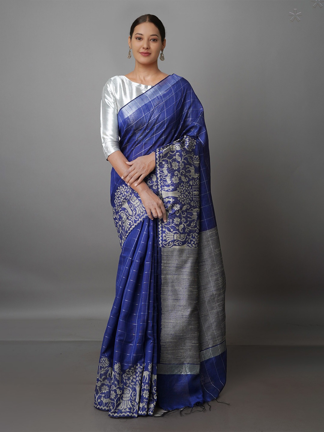 

Unnati Silks Ethnic Motifs Zari Silk Blend Bhagalpuri Saree, Navy blue