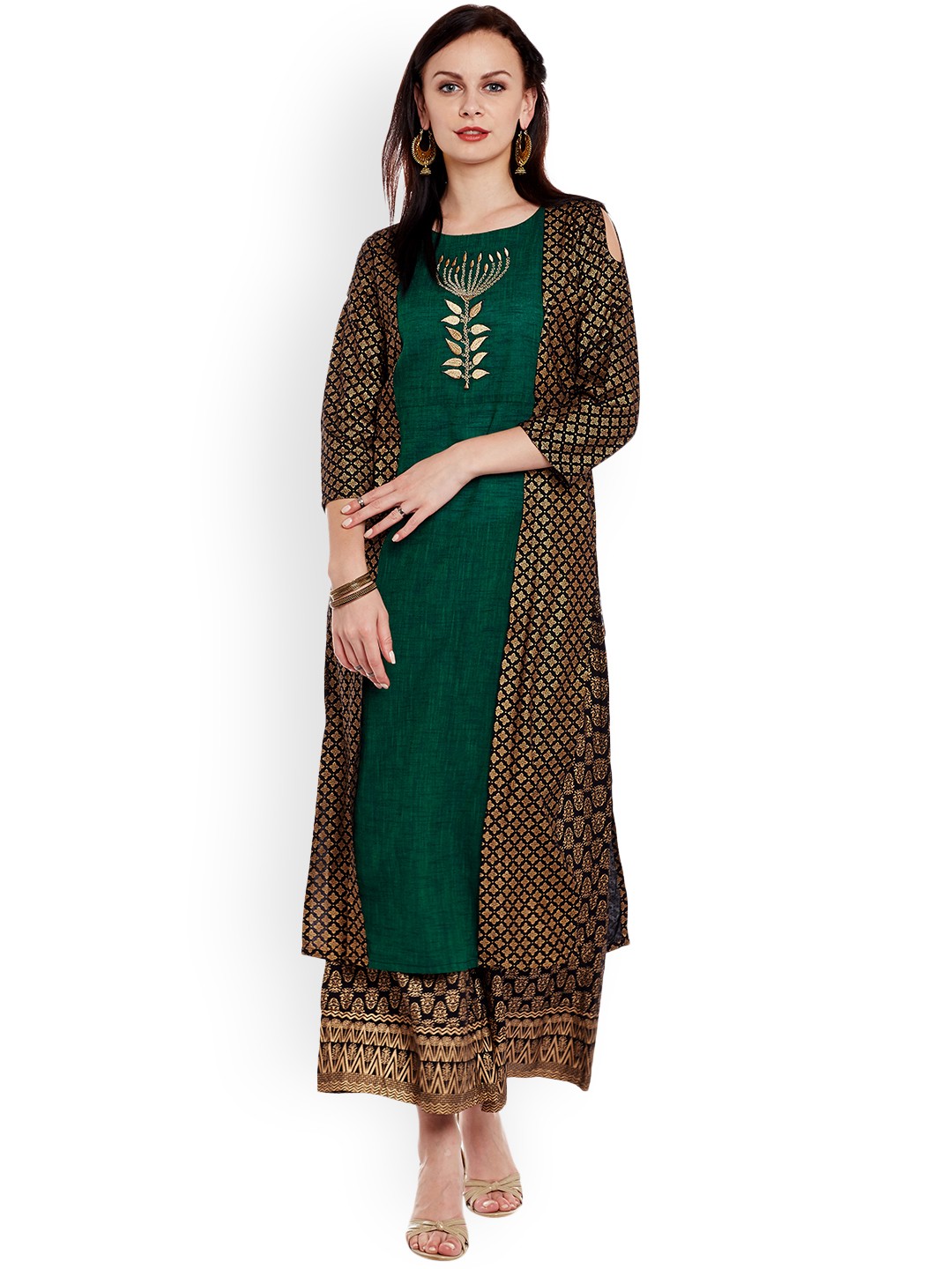

Varanga Women Green & Black Embroidered & Foil Print Kurta with Palazzos
