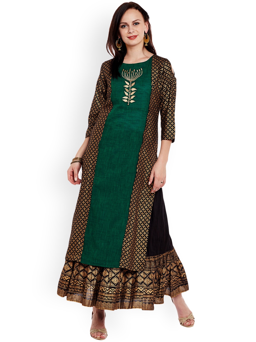

Varanga Green Cotton Blend Embroidery Kurta With Skirt