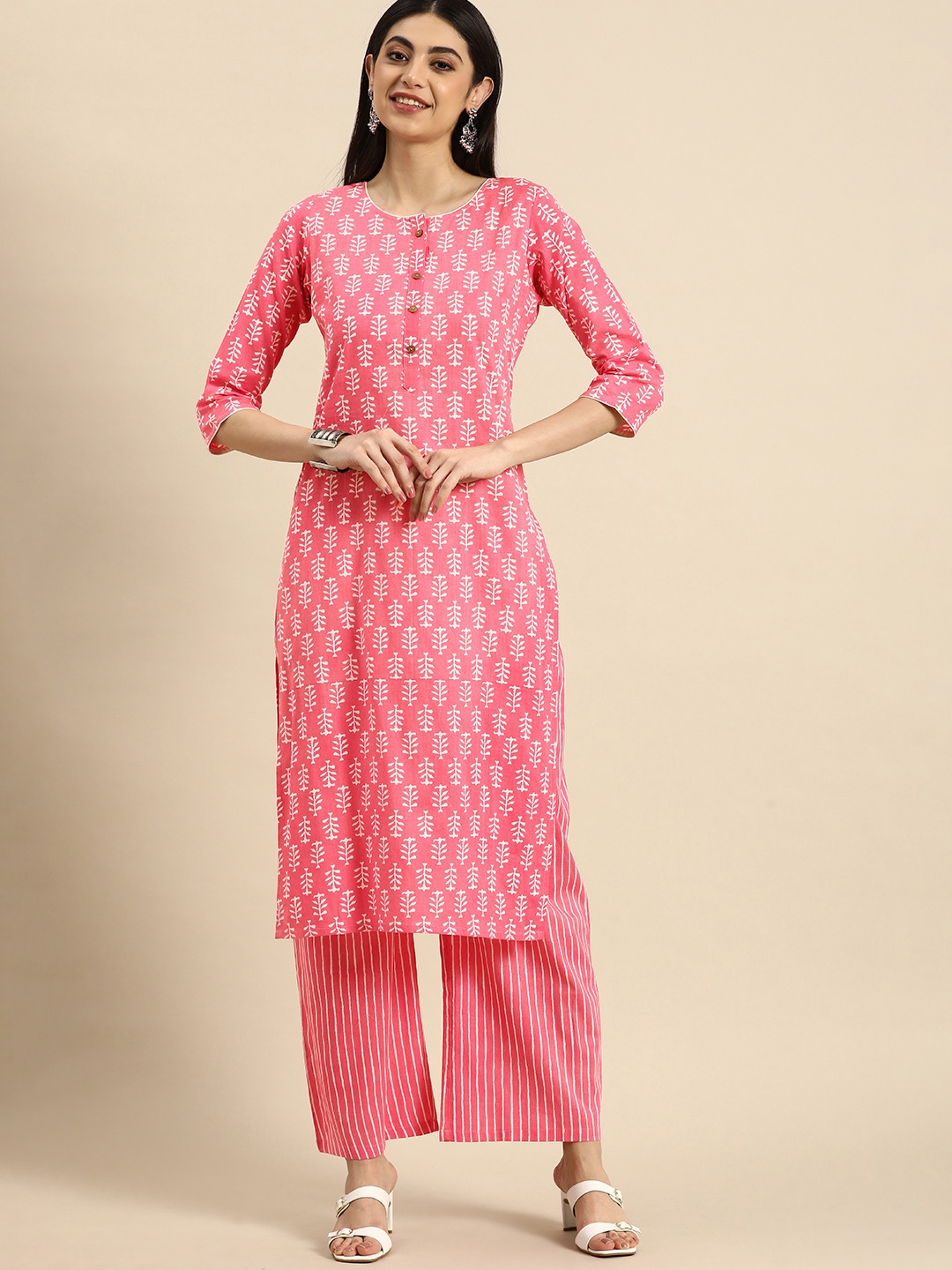 

Anouk Ethnic Motifs Printed Pure Cotton Kurta With Palazzos, Pink