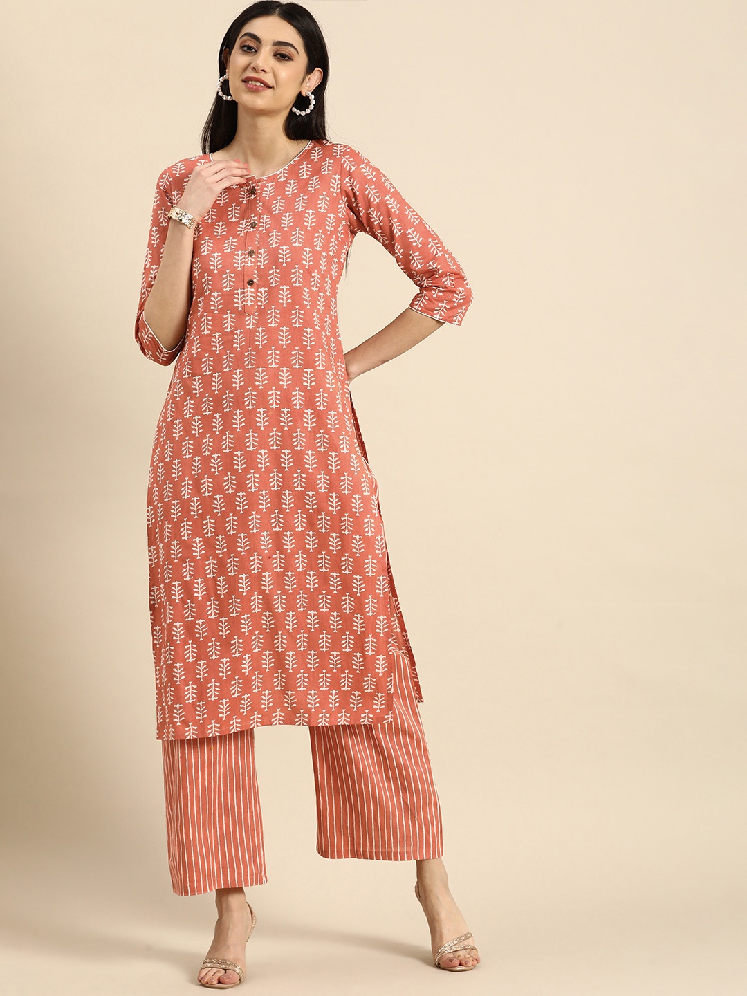 

Anouk Ethnic Motifs Printed Pure Cotton Kurta With Palazzos, Peach