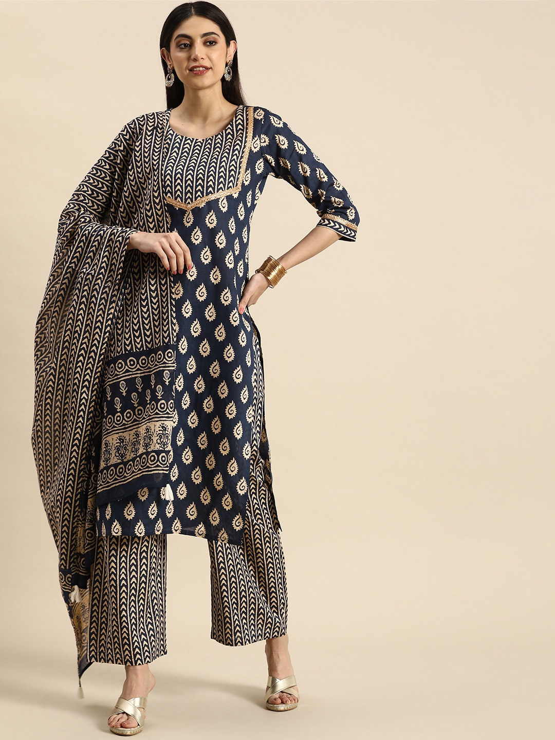 

Anouk Ethnic Motifs Printed Pure Cotton Kurta With Palazzos & With Dupatta, Blue
