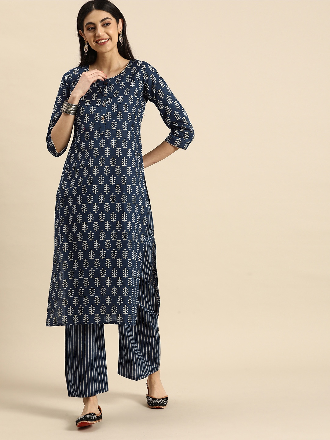 

Anouk Ethnic Motifs Printed Pure Cotton Kurta With Palazzos, Blue