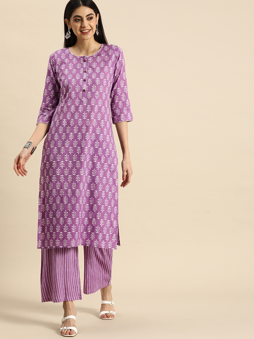 

Anouk Ethnic Motifs Printed Pure Cotton Kurta With Palazzos, Lavender