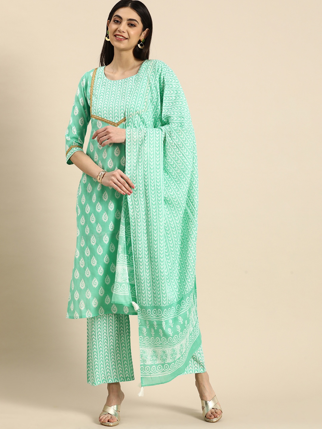 

Anouk Ethnic Motifs Printed Pure Cotton Kurta With Palazzos & With Dupatta, Turquoise blue