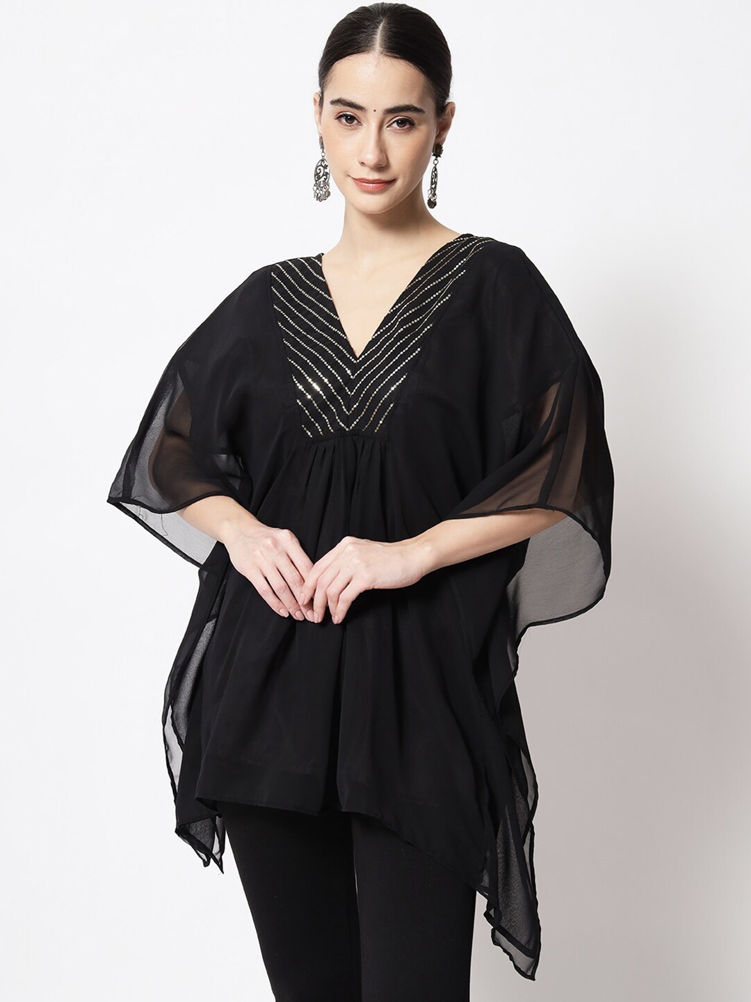 

studio rasa Embellished V-Neck Sequinned Kaftan Kurti, Black