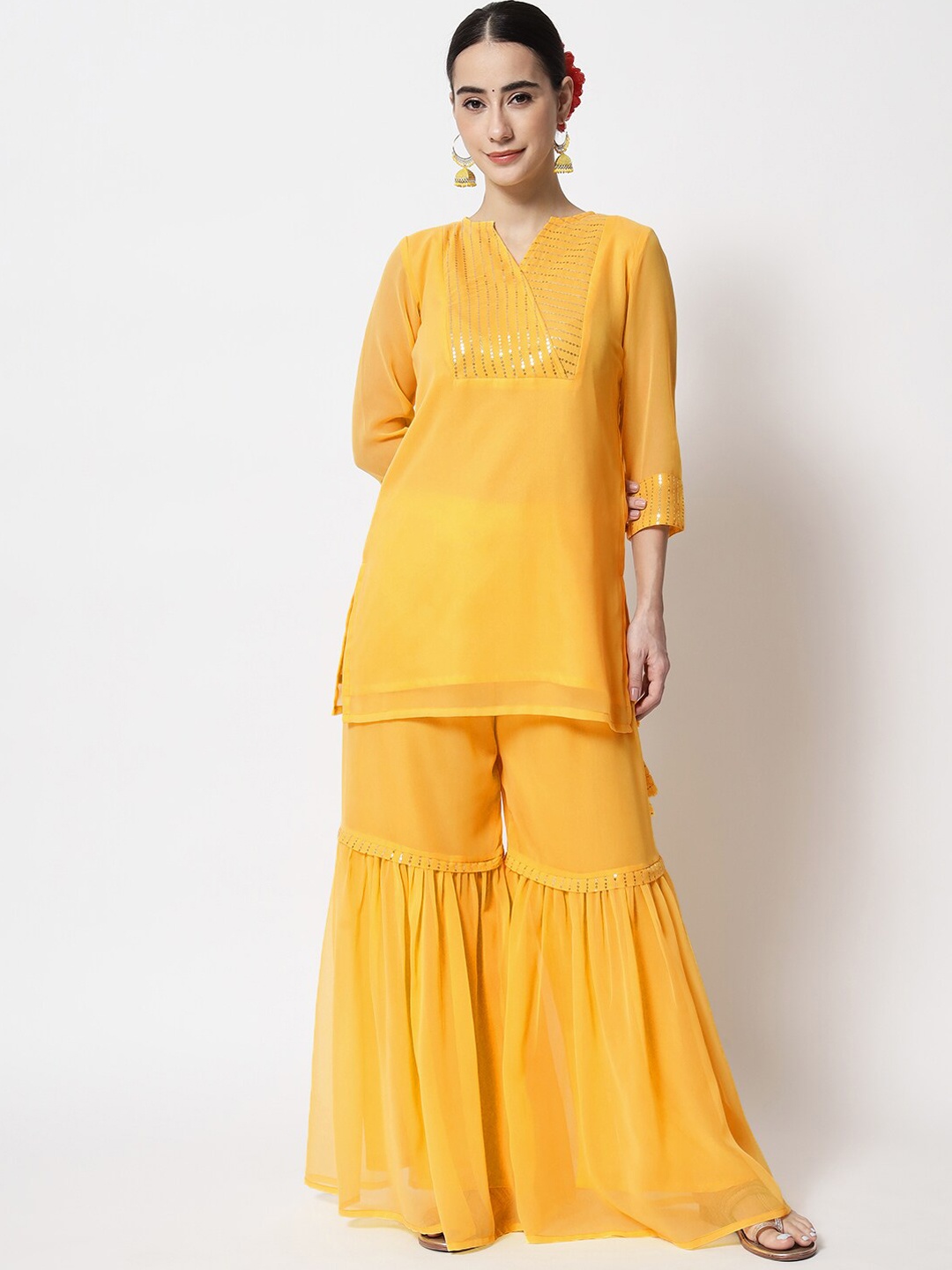 

studio rasa Women Ethnic Motifs Yoke Design Sequinned Kurti With Sharara, Yellow