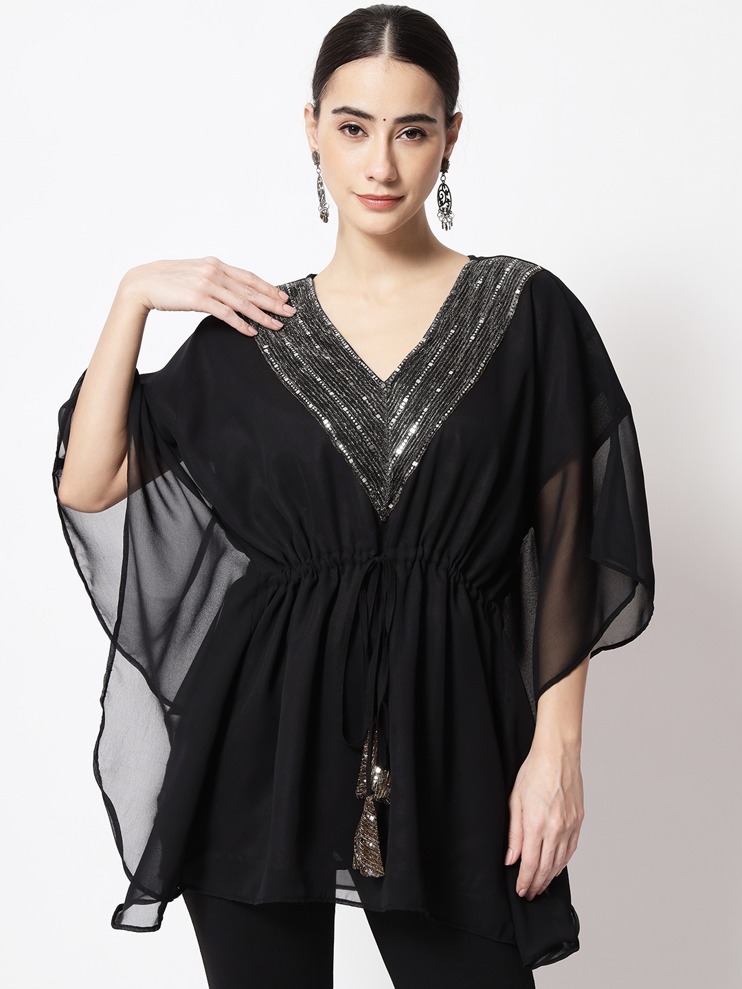

studio rasa Geometric Yoke Design V-Neck Flared Sleeves Sequinned Kaftan Kurti, Black