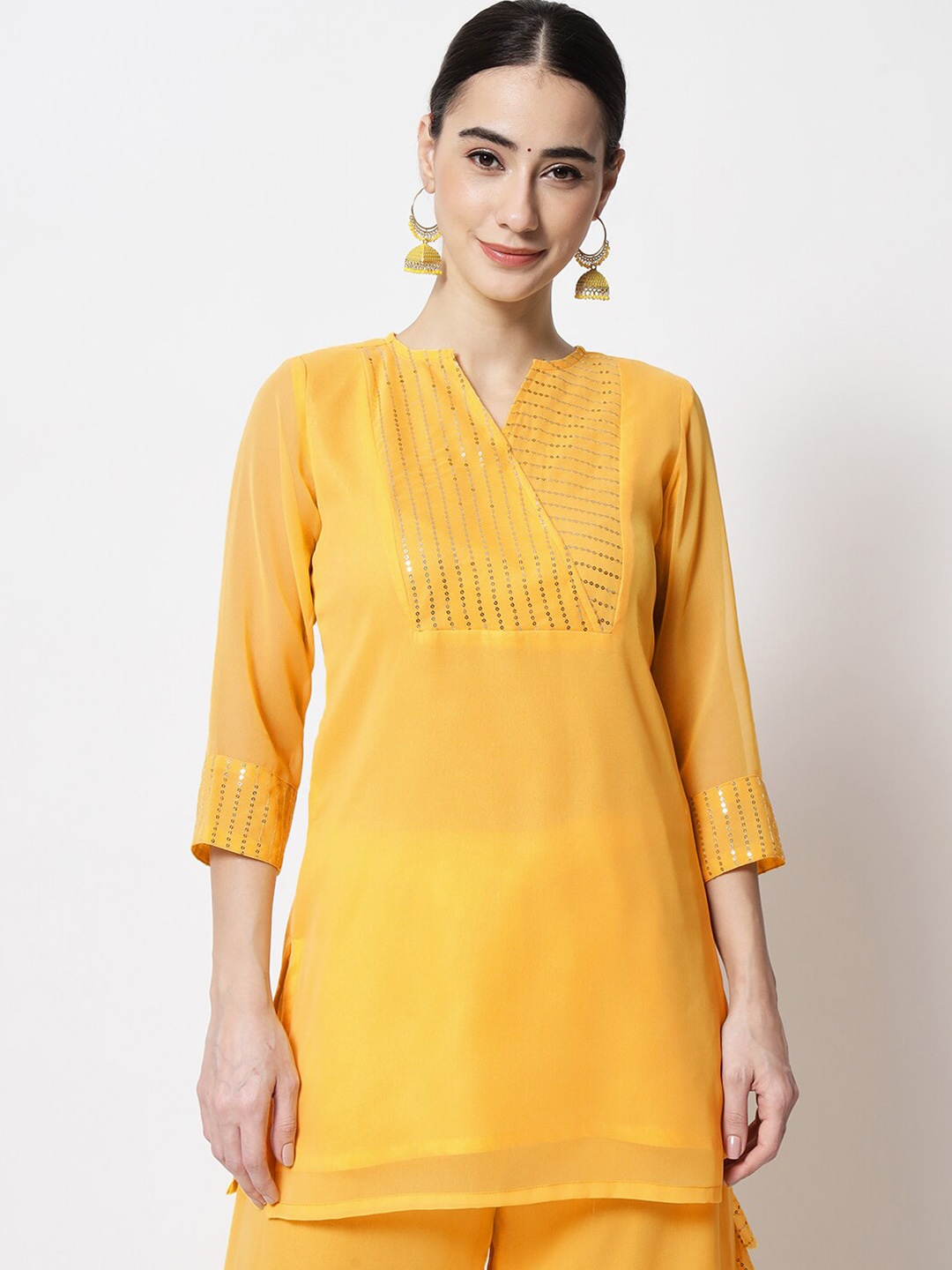

studio rasa Women Geometric Yoke Design V-Neck Sequinned Sequinned Kurti, Yellow