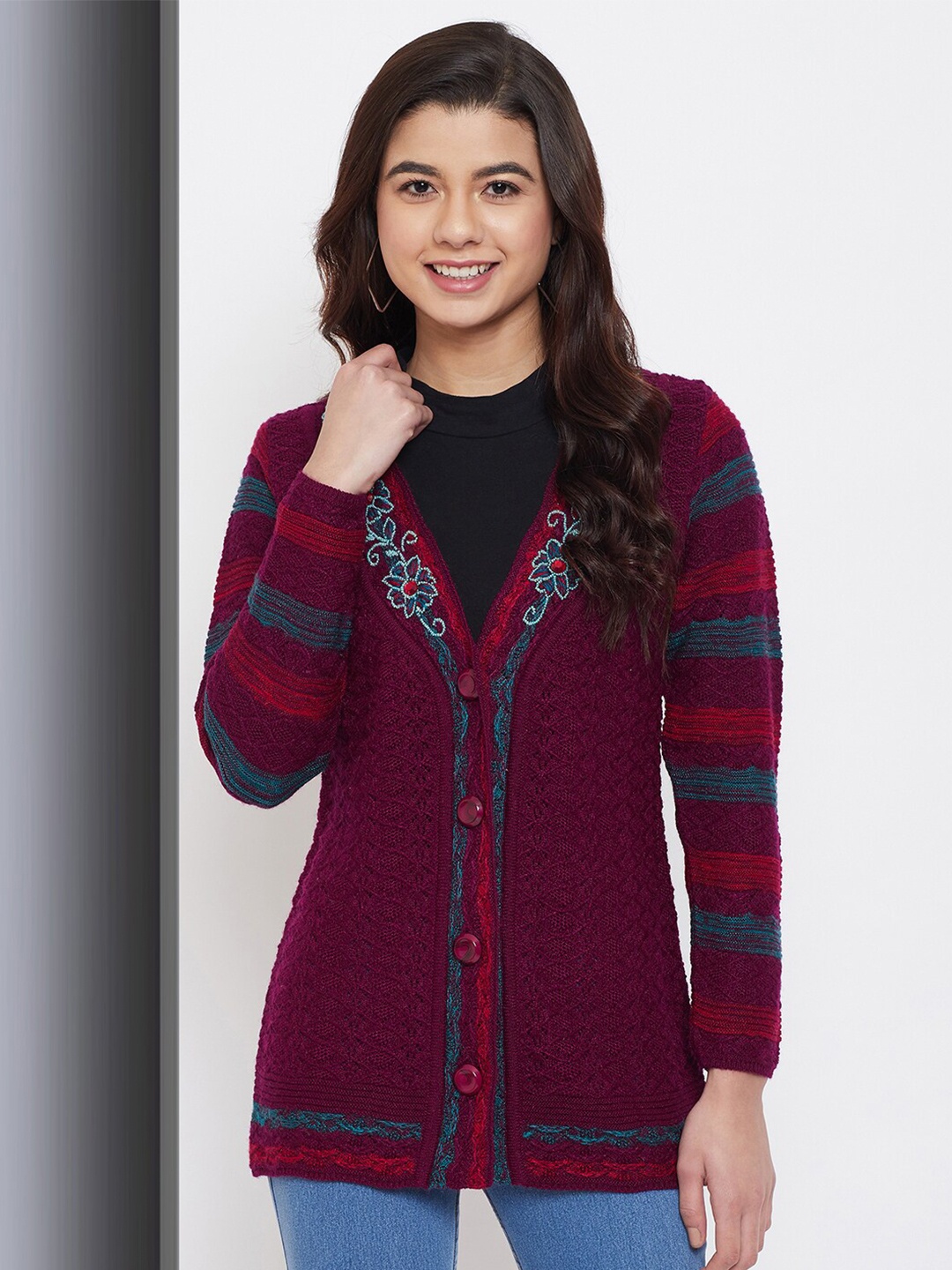 

Zigo Women Floral Wool Cardigan, Burgundy
