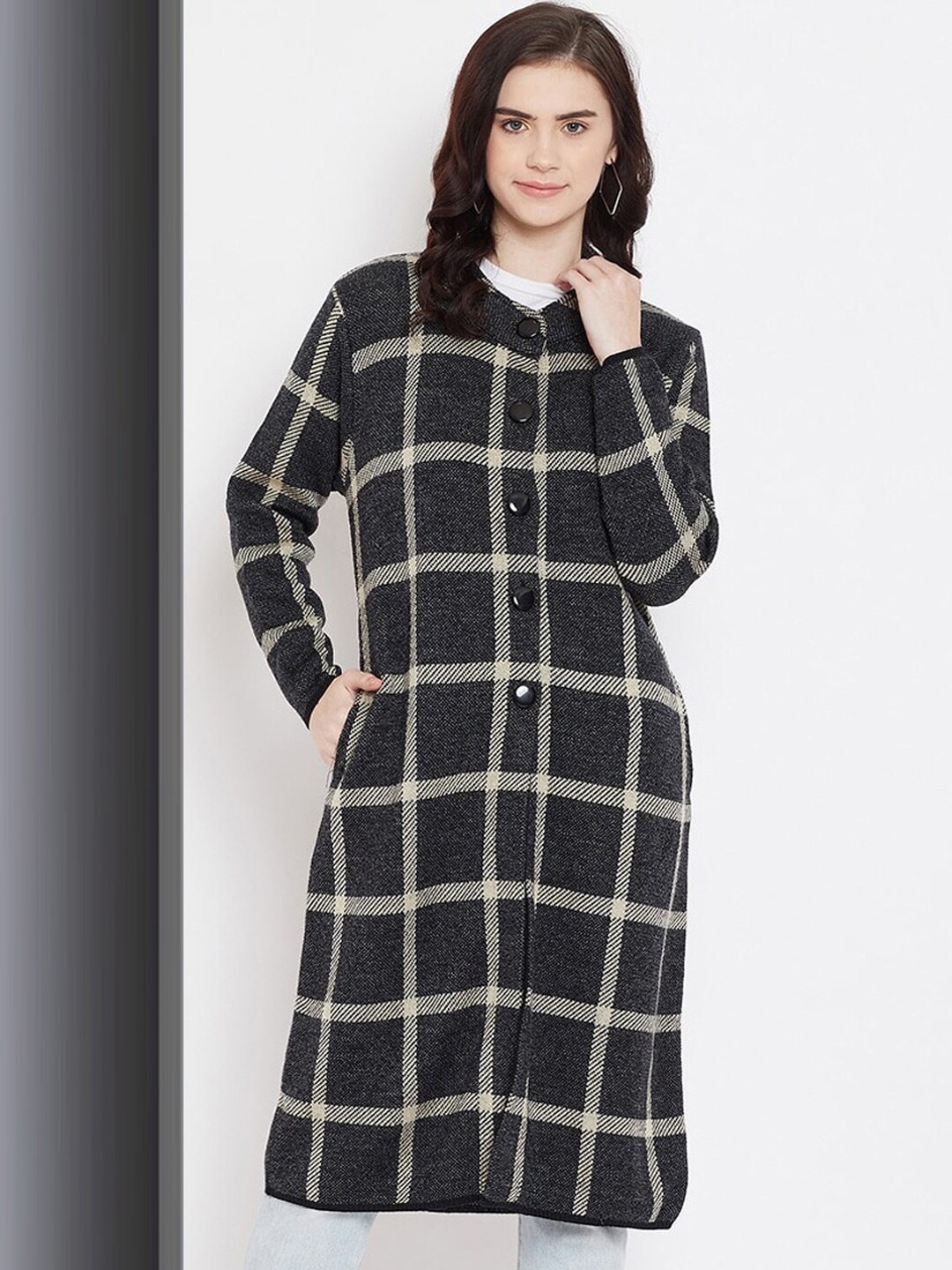 

Zigo Women Checked Acrylic Longline Cardigan, Black