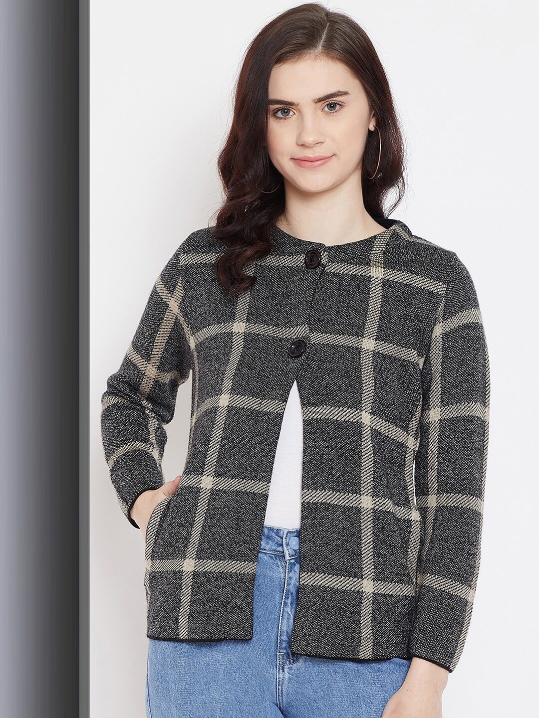 

Zigo Women Checked Acrylic Cardigan, Black