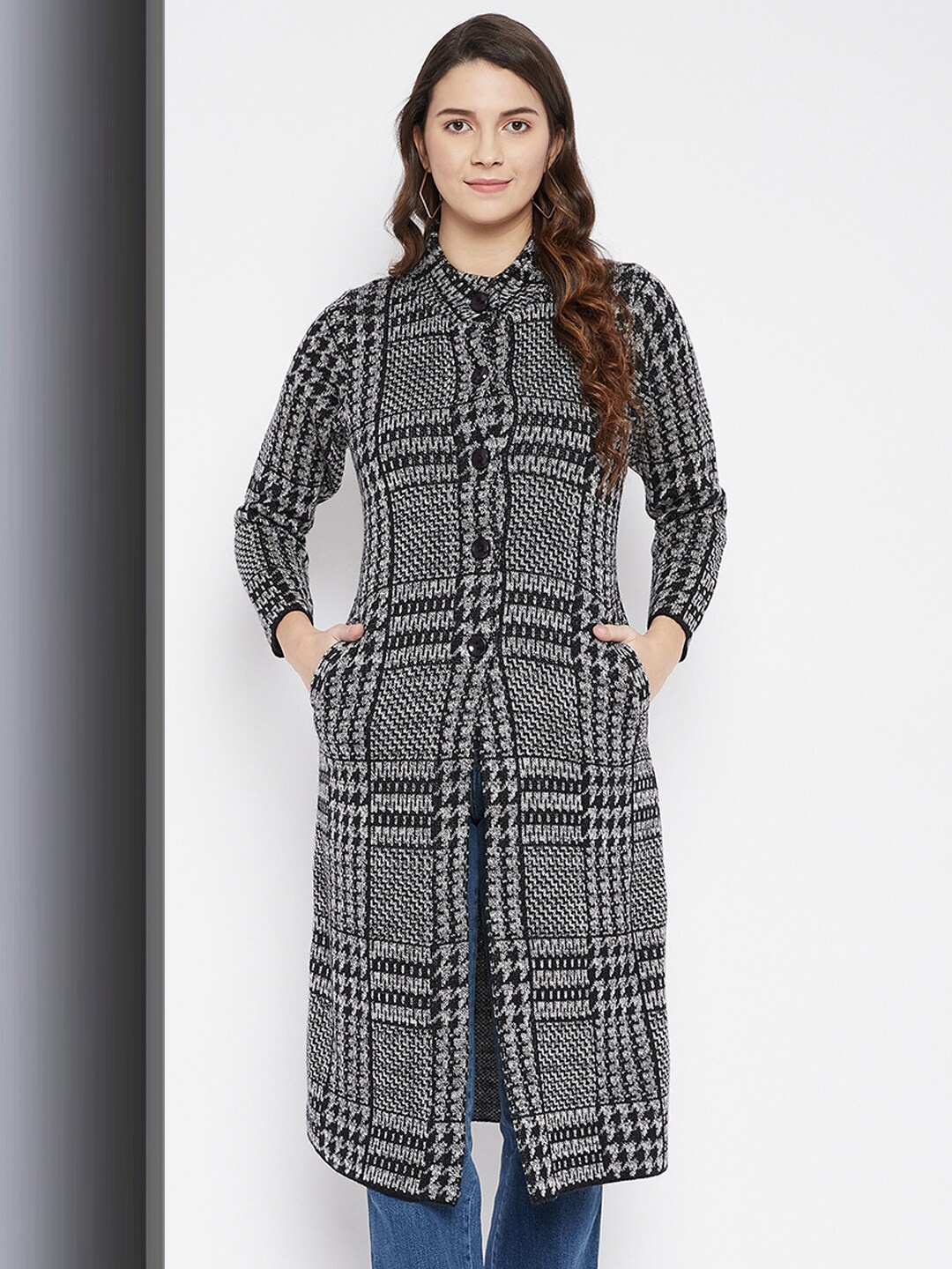 

Zigo Women Checked Longline Wool Cardigan, Charcoal