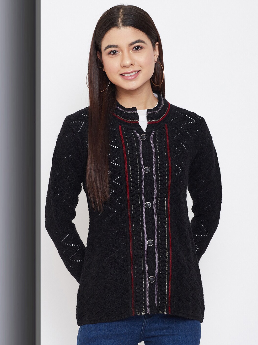 

Zigo Women Self Design Cable Knit Cardigan, Black
