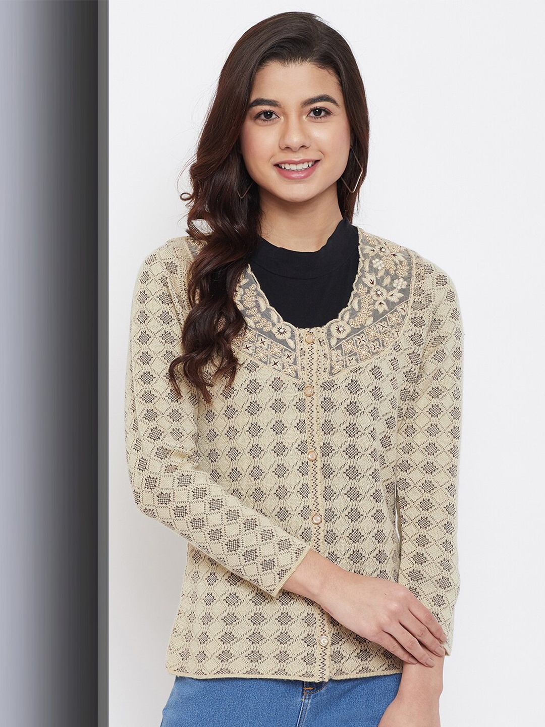 

Zigo Women Self Design Embellished Cardigan, Beige