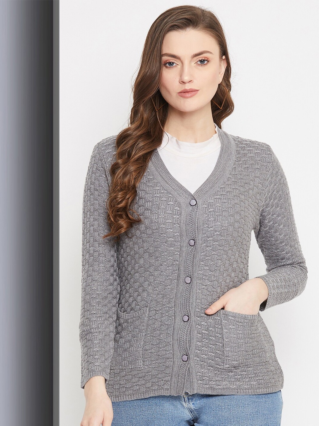 

Zigo Women Geometric Self Design Cardigan, Grey