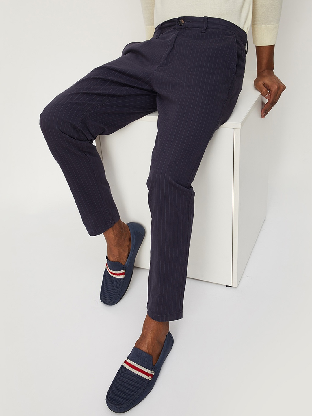 

max Men Cotton Striped Trousers, Navy blue