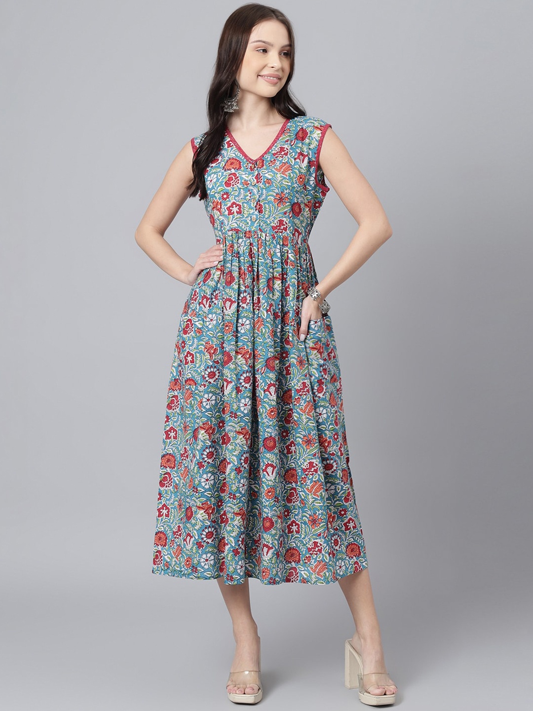 

DECKEDUP Floral Midi Dress, Teal