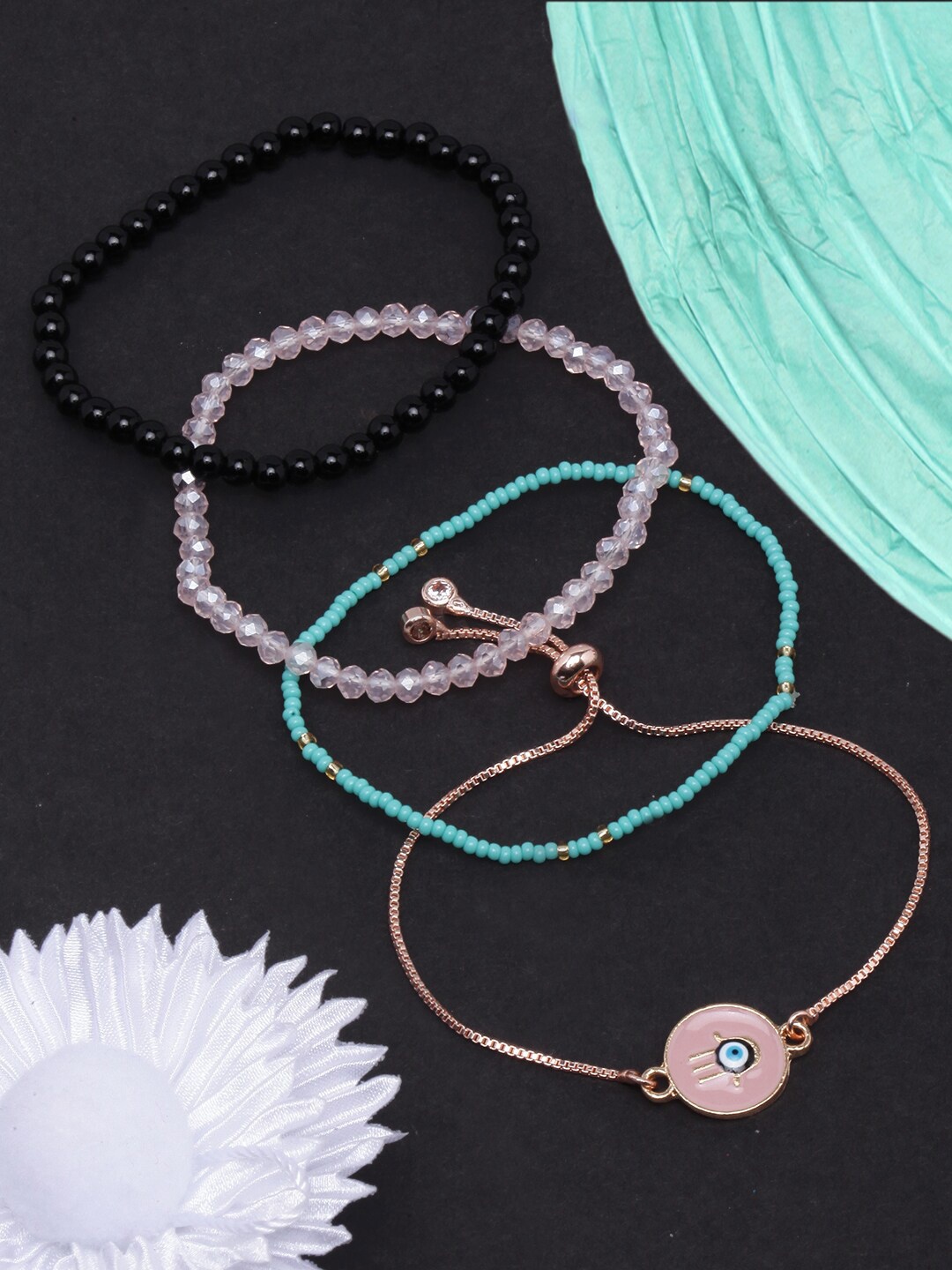 

DIVA WALK Women Set Of 4 Brass Rose Gold-Plated Charm Bracelet