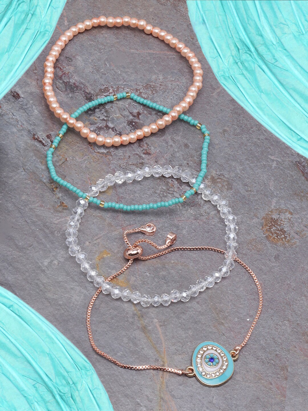 

DIVA WALK Women Set of 4 Rose Gold & White Brass Rose Gold-Plated Charm Bracelet