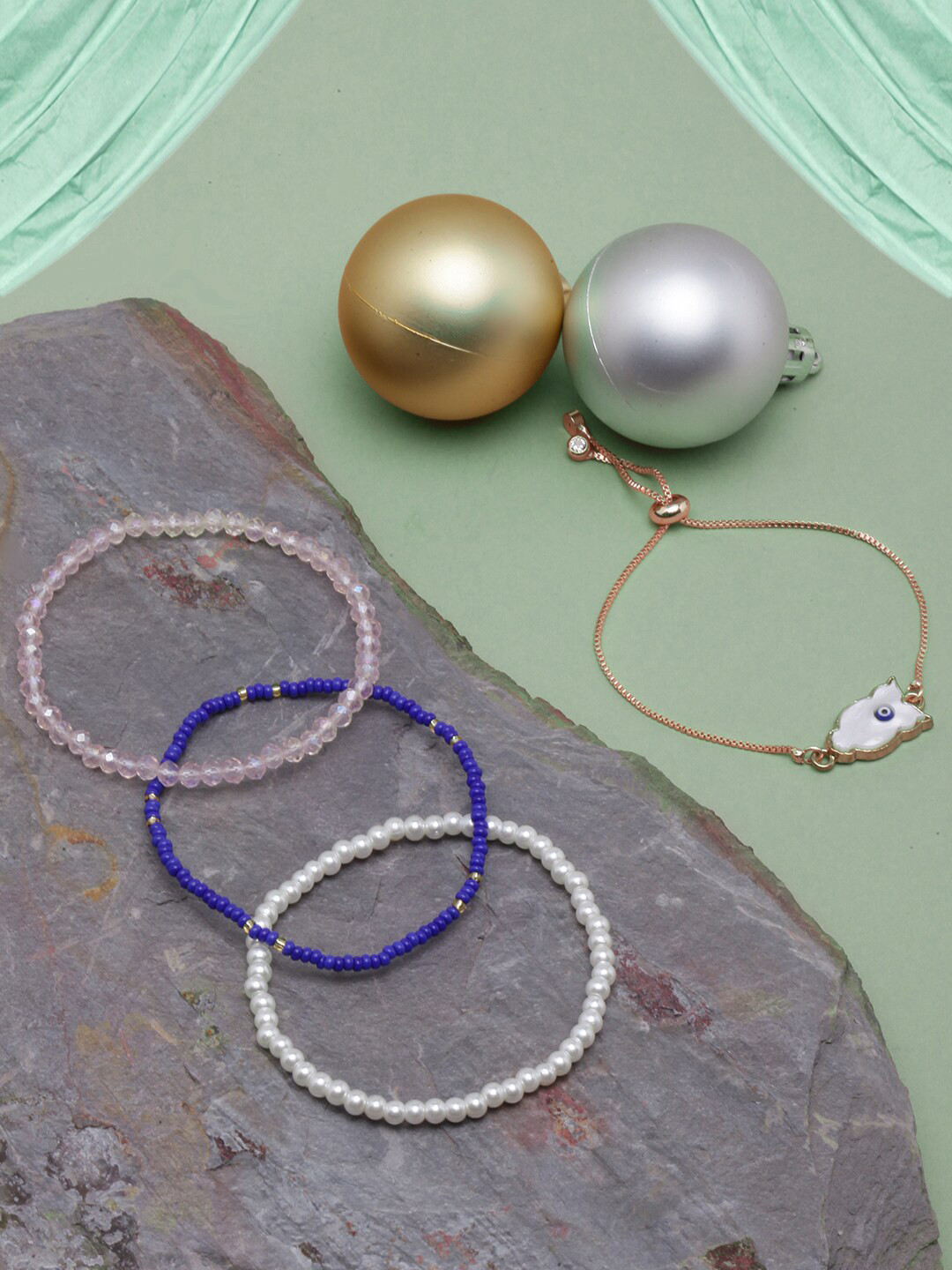 

DIVA WALK Women Set of 4 Rose Gold & White Brass Rose Gold-Plated Charm Bracelet