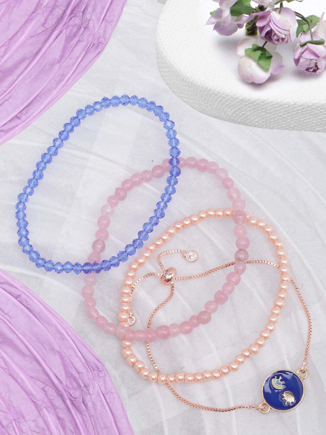 

DIVA WALK Women Set of 4 Rose Gold & Blue Brass Rose Gold-Plated Charm Bracelet