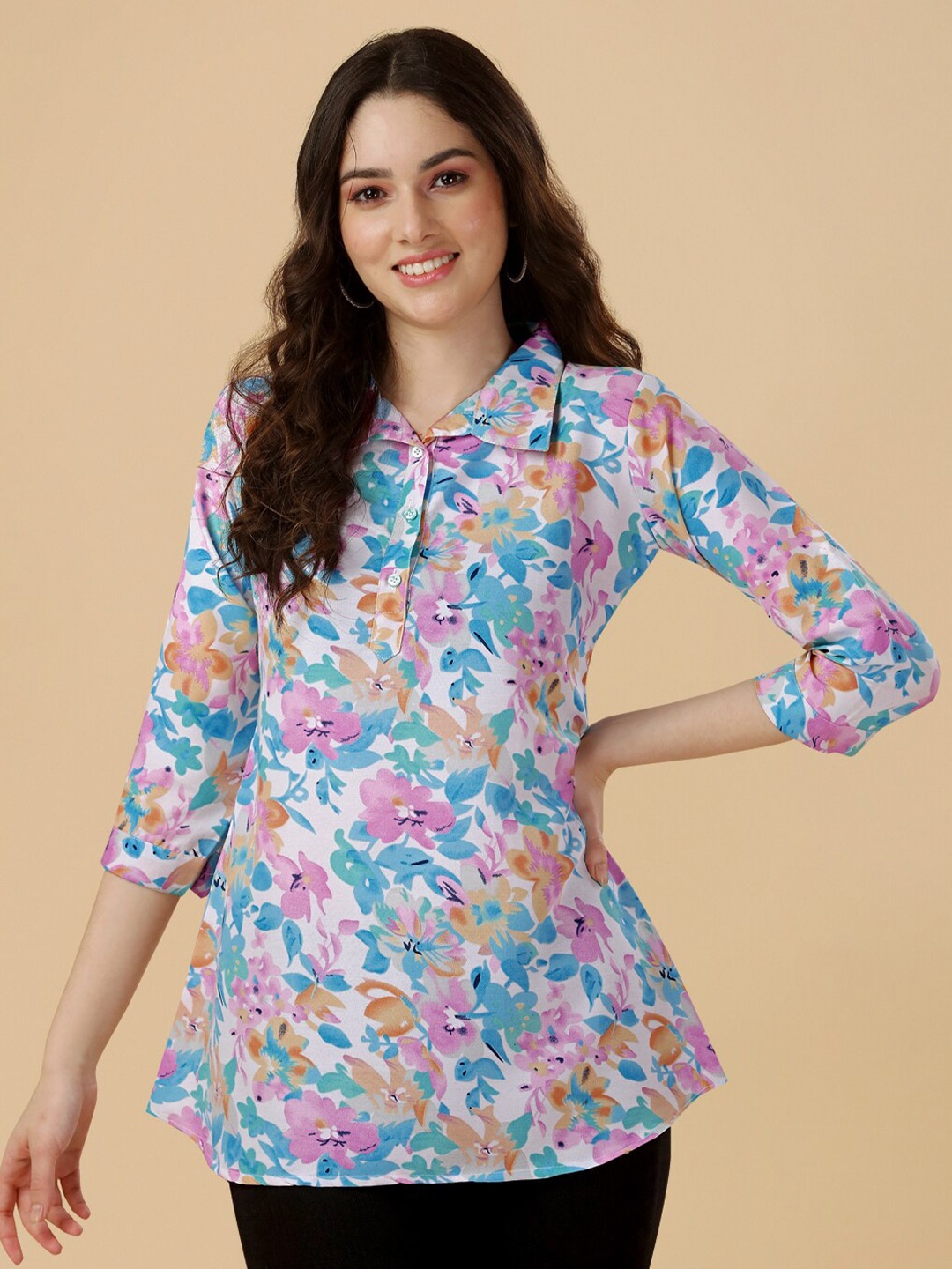 

GUFRINA Floral Print Shirt Style Longline Top, Blue