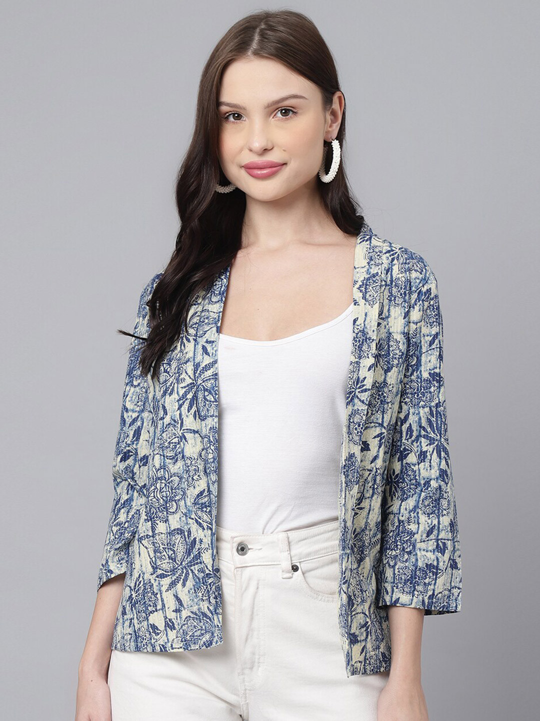 

DECKEDUP Women Printed Cotton Shrug, Blue