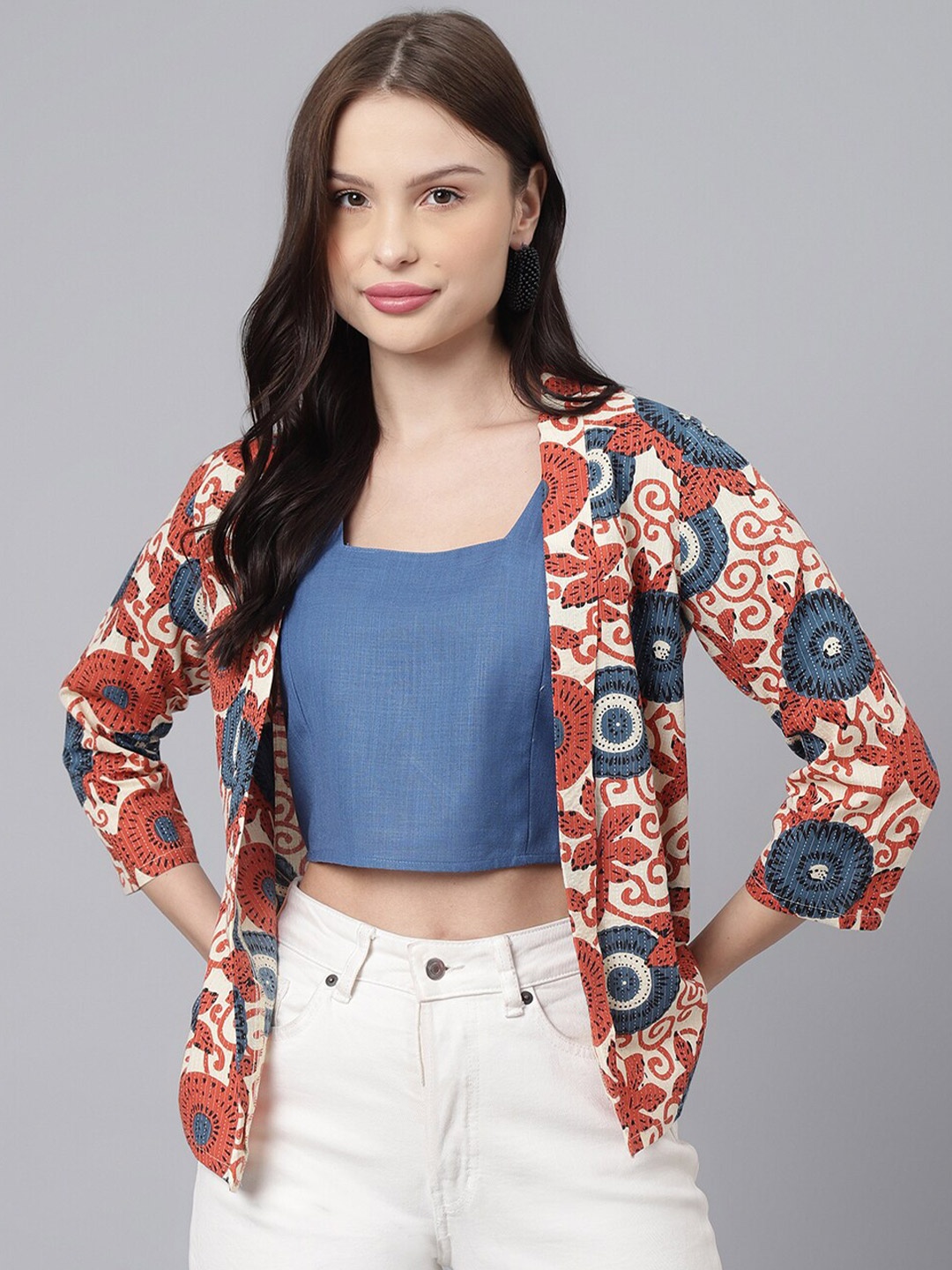 

DECKEDUP Women Cotton Printed Shrug, Beige