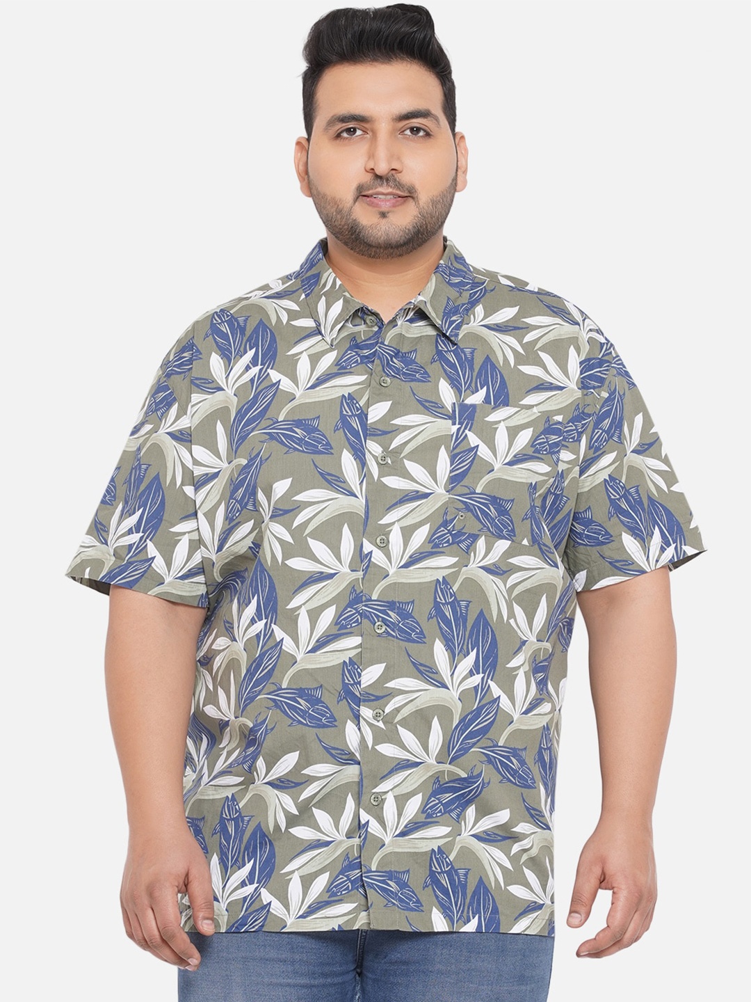 

Santonio Men Plus Size Comfort Tropical Printed Pure Cotton Casual Shirt, Olive