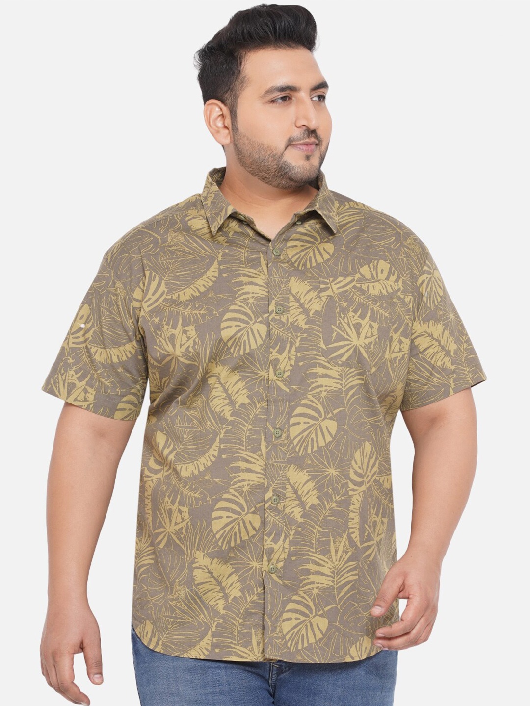 

Santonio Men Plus Size Comfort Printed Pure CottonCasual Shirt, Olive