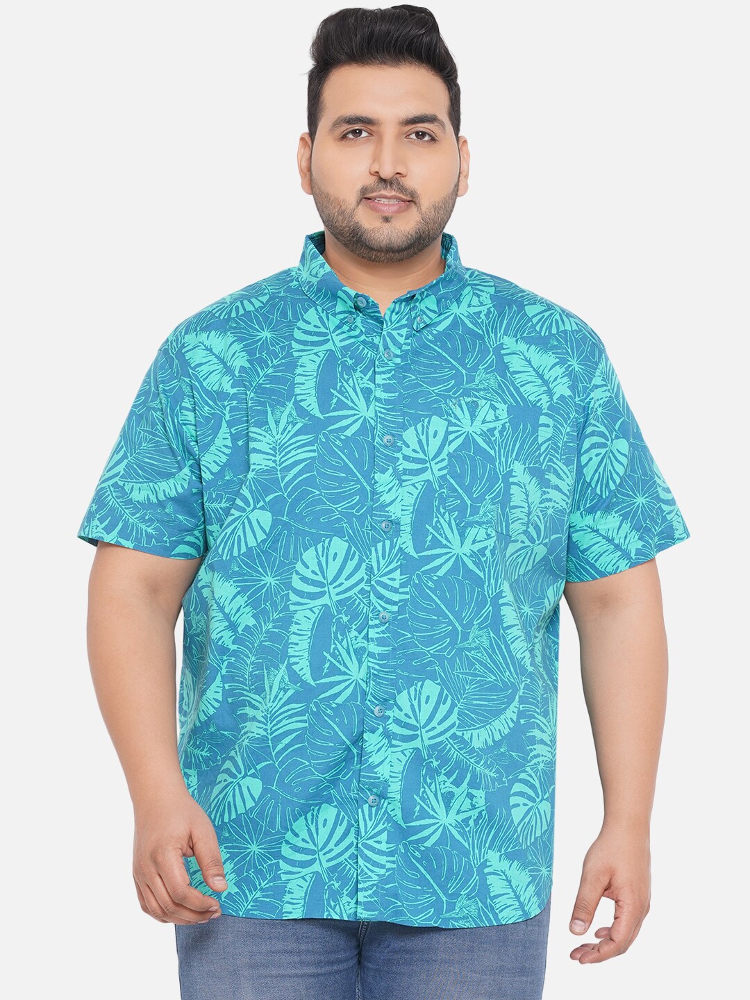 

Santonio Men Plus Size Comfort Tropical Printed Pure Cotton Casual Shirt, Blue