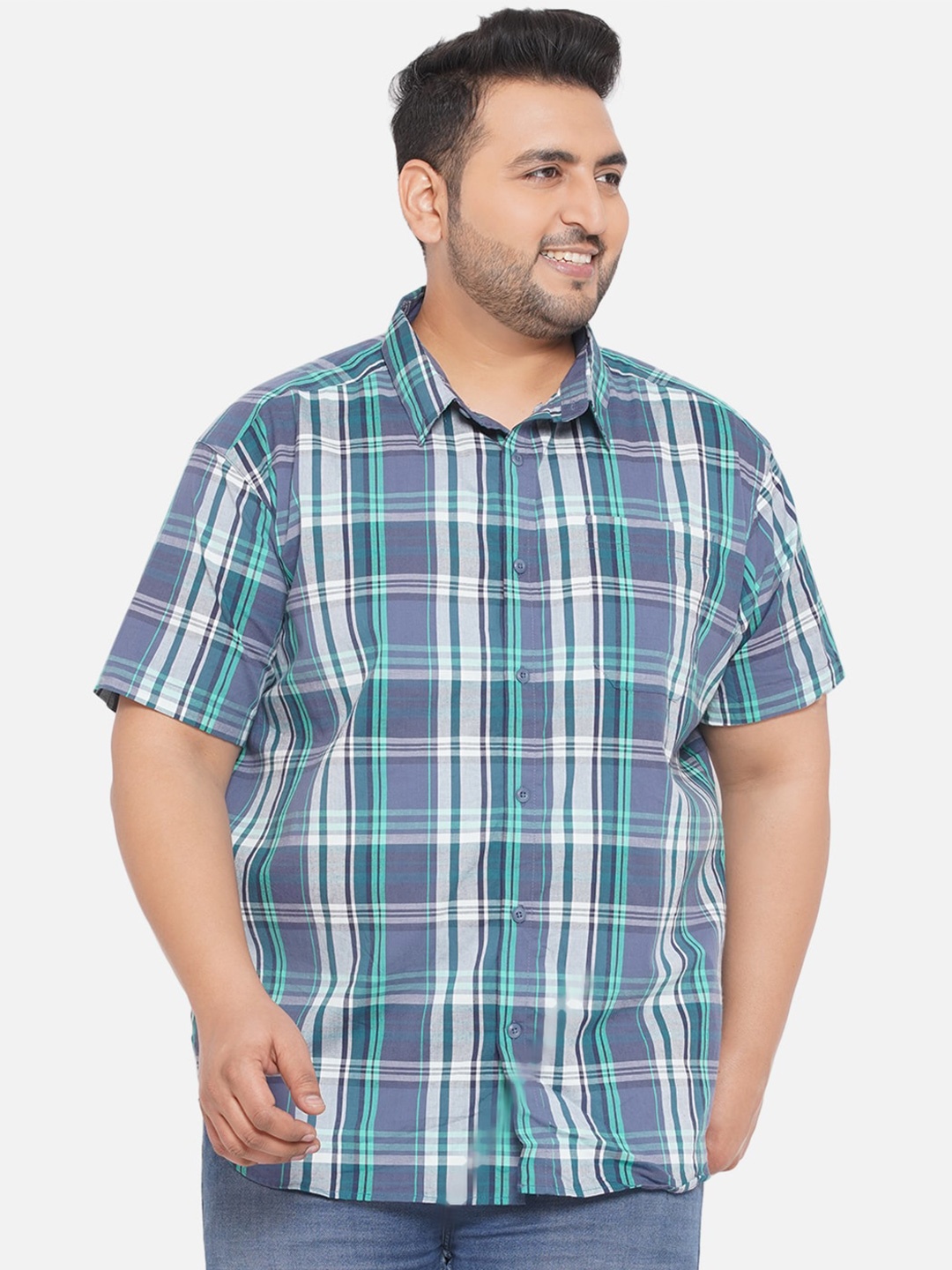 

Santonio Plus Size Men Comfort Checked Pure Cotton Casual Shirt, Green