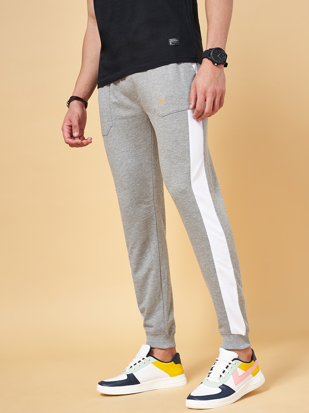 

People Men Striped Cotton Detail Slim-Fit Joggers, Grey melange