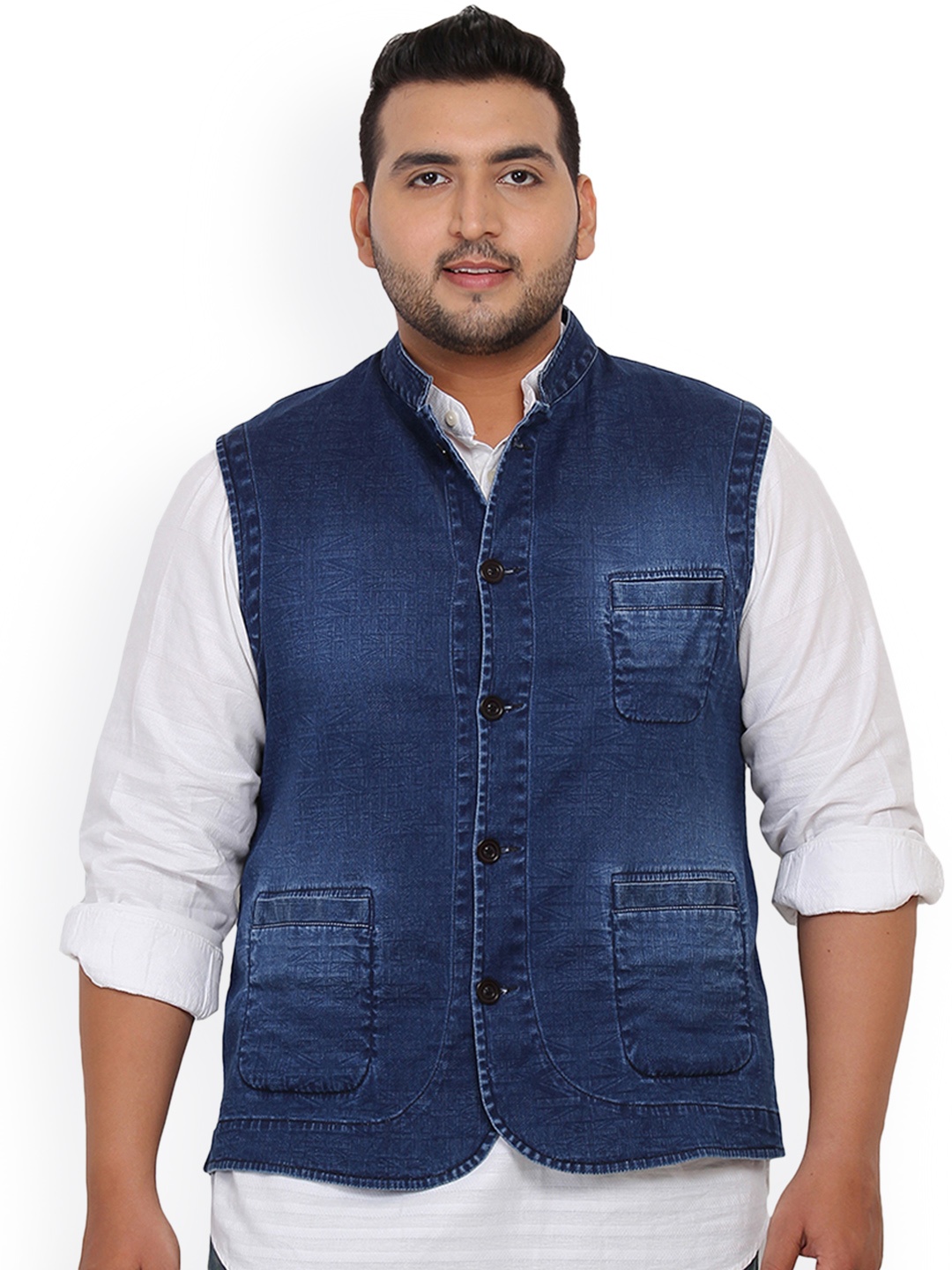 

John Pride Plus Size Blue Denim Nehru Jacket