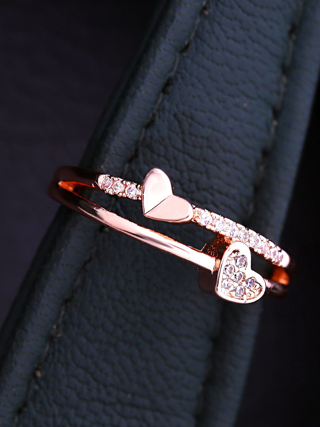 

Yellow Chimes Rose Gold-Plated Crystal-Studded Dual Heart Shaped Finger Ring