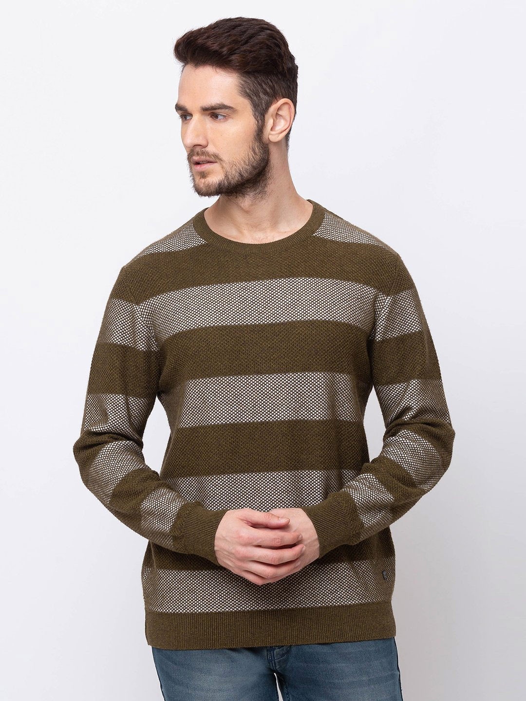 

Status Quo Men Striped Cotton Sweatshirt, Olive