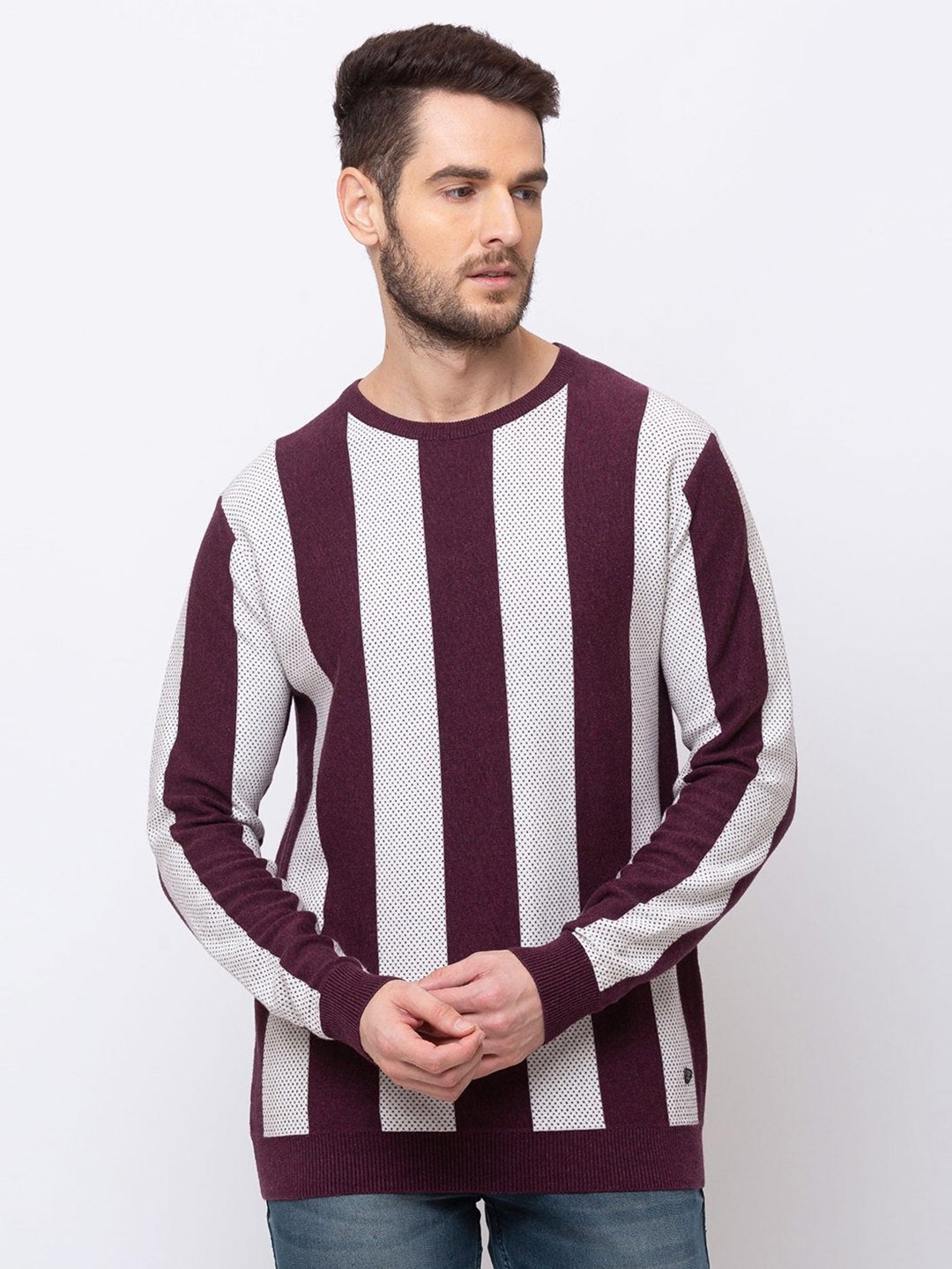 

Status Quo Men Striped Cotton Sweatshirt, Maroon